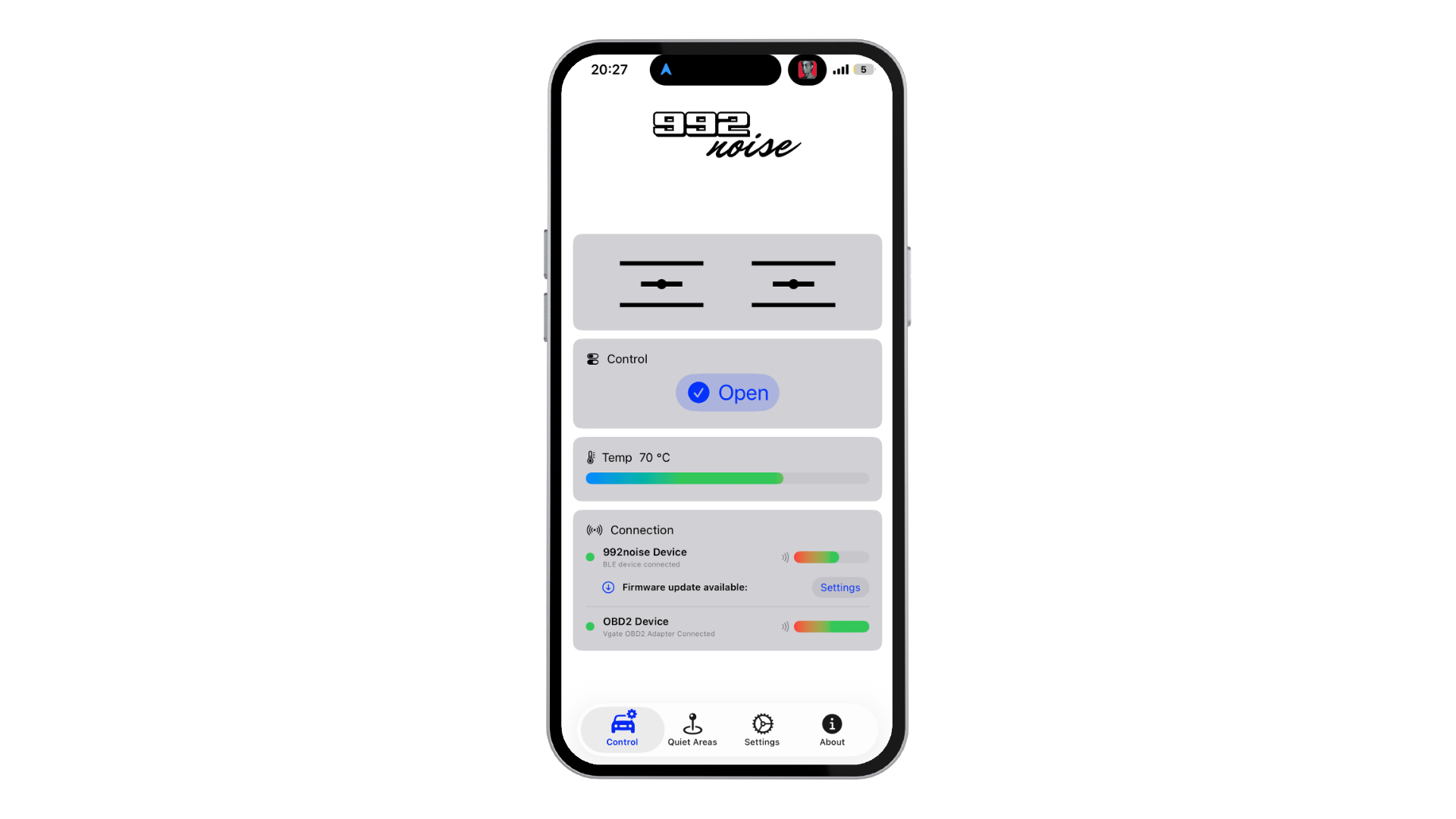 992noise app home screen showing valve controls and status